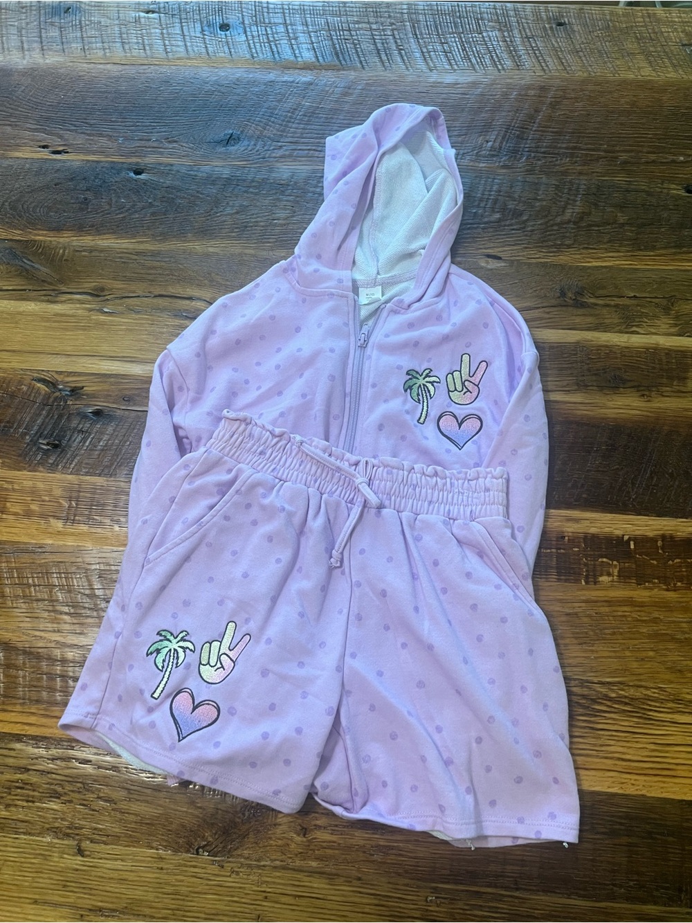 Girls Lavender Polka Dot Hooded Shorts Set with Patches